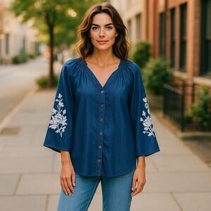 The Skyline Collection Womens Blouse Size Large Blue Chambray Embroidered NEW